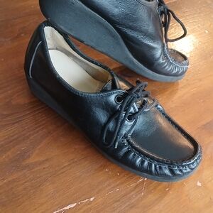 Black Leather Granny Loafers, Retro 50s 60s 70s Comfort Wedge Lace-ups